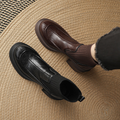 复古圆头粗跟短靴女秋冬新款针织毛线靴百搭单靴袜靴中跟拼接女靴