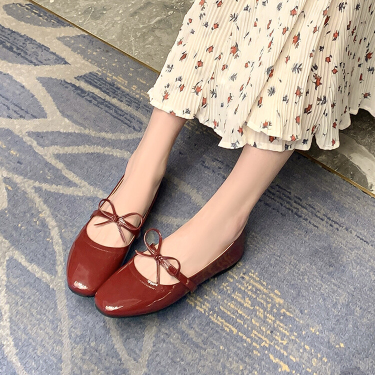 羊皮舒适平底蝴蝶结文艺玛丽珍鞋2023秋季新款方头里外全皮单鞋女