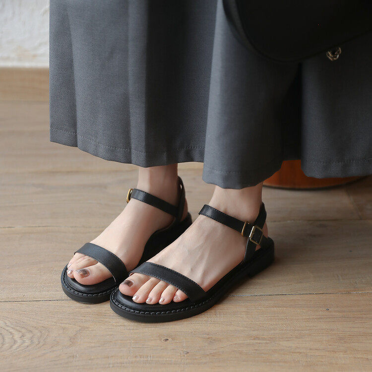 2023夏季新款软底低跟复古风厚底百搭纯色一字带平底罗马凉鞋女夏,女鞋,马丁靴,淘宝优惠券,粉丝福利购,淘宝优惠卷