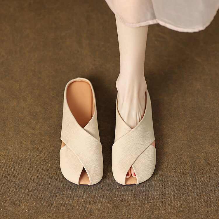 代发新款夏季牛皮交叉编织包头半拖凉鞋女休闲外穿平底懒人一字,女鞋,马丁靴,淘宝优惠券,粉丝福利购,淘宝优惠卷