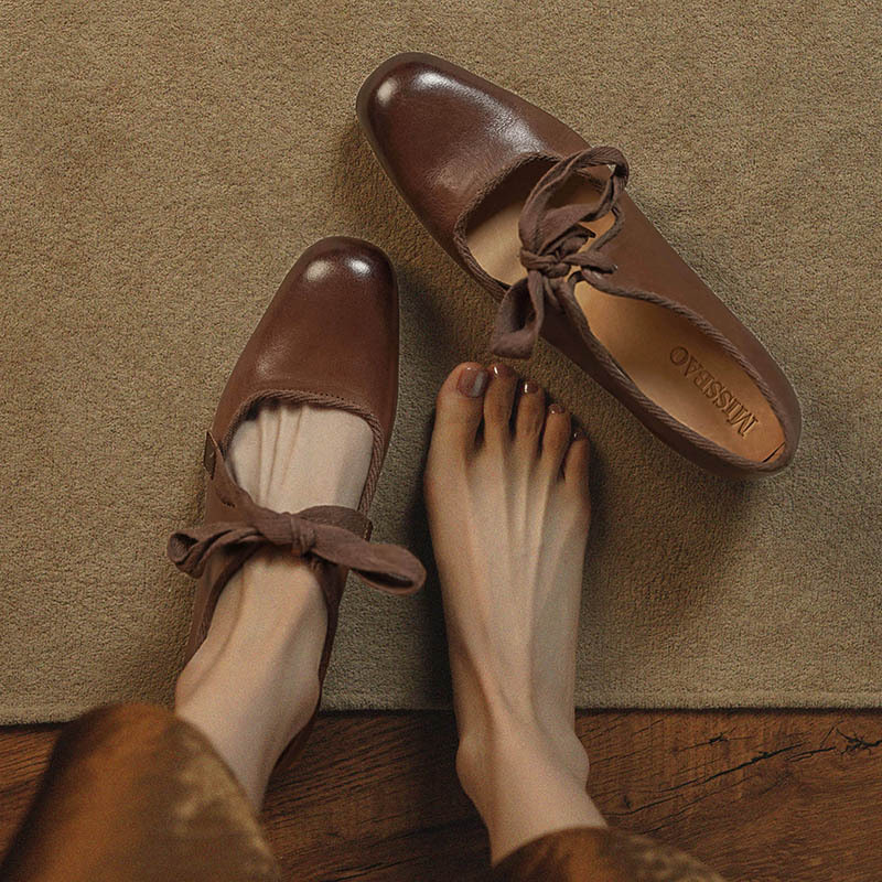2025春季废土风复古头层水洗牛皮粗跟单鞋方头蝴蝶结系带小皮鞋女