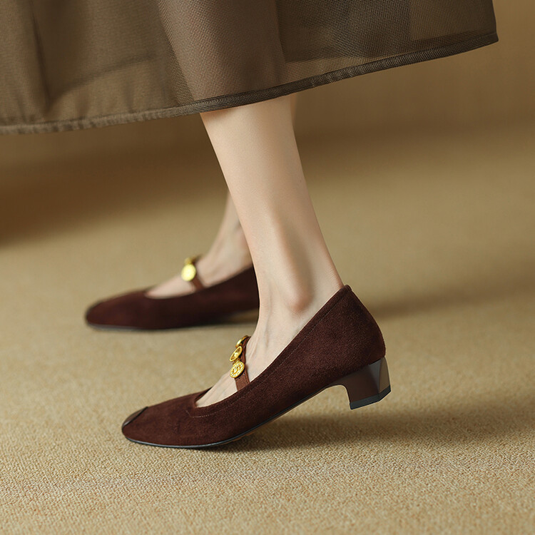 法式复古磨砂真皮方头浅口单鞋女2024中跟小皮鞋一字带玛丽珍鞋夏