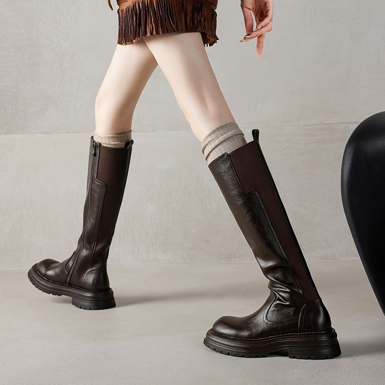 包腿型！厚底长筒靴女2024年冬季新款圆头加绒复古马丁靴骑士靴女