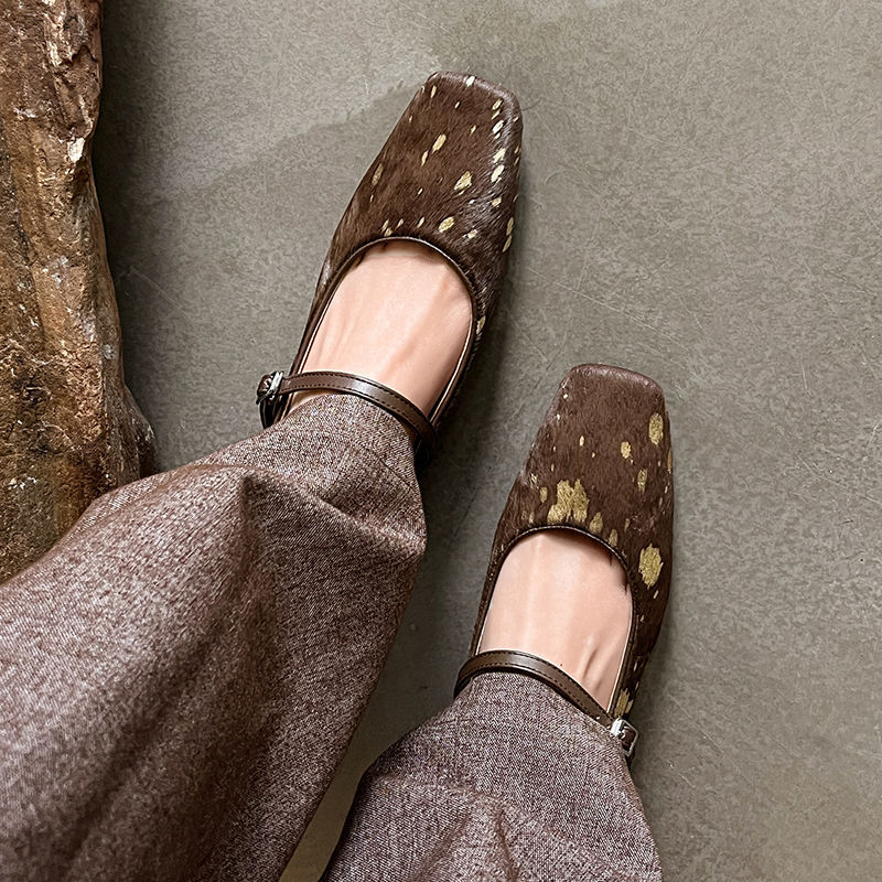 2.5cm法式浅口方头单鞋低跟百搭日常小皮鞋春秋新款时尚马毛女鞋~