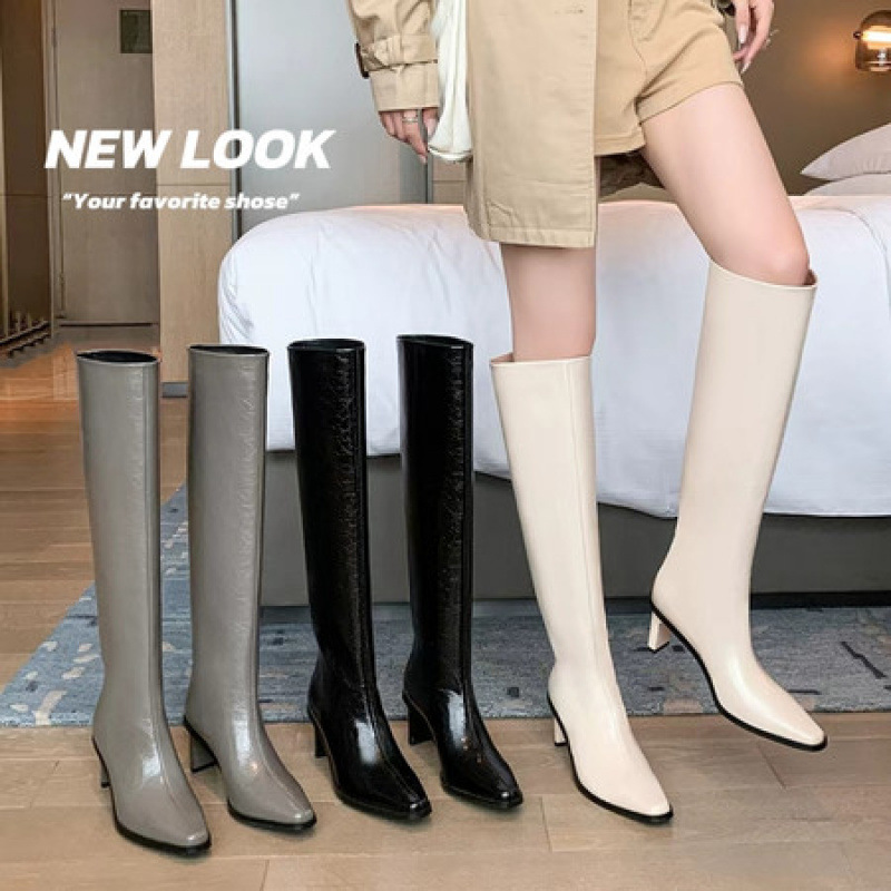 2025新款真皮法式尖头高跟骑士靴气质百搭不过膝显瘦黑色长筒靴女