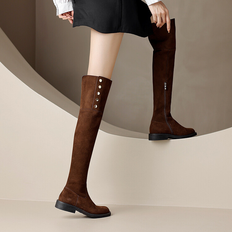 一靴两穿！美拉德复古翻边暗扣过膝长筒靴女圆头粗跟侧拉链骑士靴