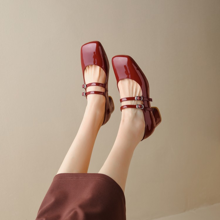 真皮中跟粗跟法式复古玛丽珍鞋方头红色小皮鞋赫本晚风温柔单鞋女