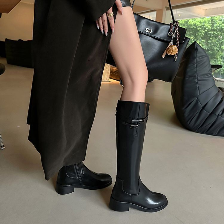 英伦风高筒骑士靴女斜口显瘦显腿直真皮长靴金属扣不过膝中筒靴子