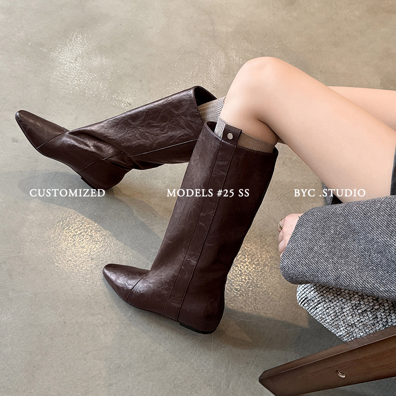 新品~长筒靴女骑士2025新款高筒长靴子英伦风直筒裤管尖头内增高