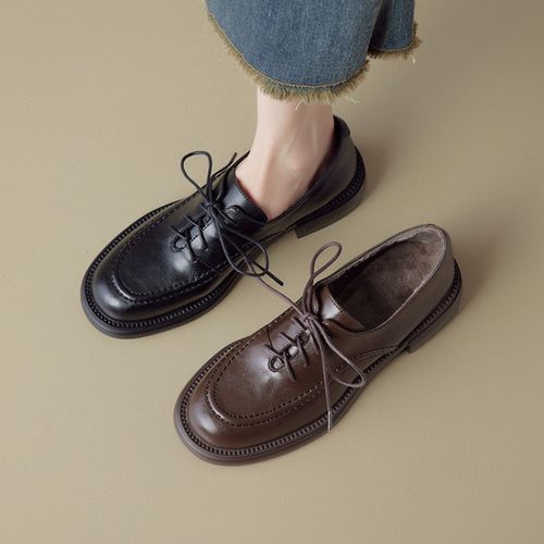 英伦风系带小皮鞋女低跟圆头真皮复古深口单鞋软皮棕色乐福鞋女鞋