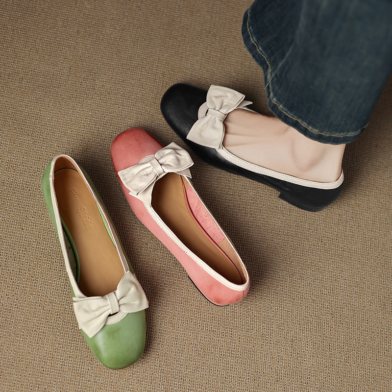 韩版甜美蝴蝶结单鞋2025春季新款低跟浅口时装鞋牛皮拼色豆豆女鞋,居家布艺,居家婚庆拖鞋,淘宝优惠券,粉丝福利购,淘宝优惠卷