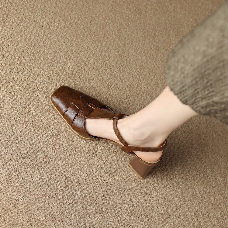 法式复古罗马鞋女夏季新款包头粗跟镂空棕色真皮凉鞋女大码41一43,女鞋,马丁靴,淘宝优惠券,粉丝福利购,淘宝优惠卷