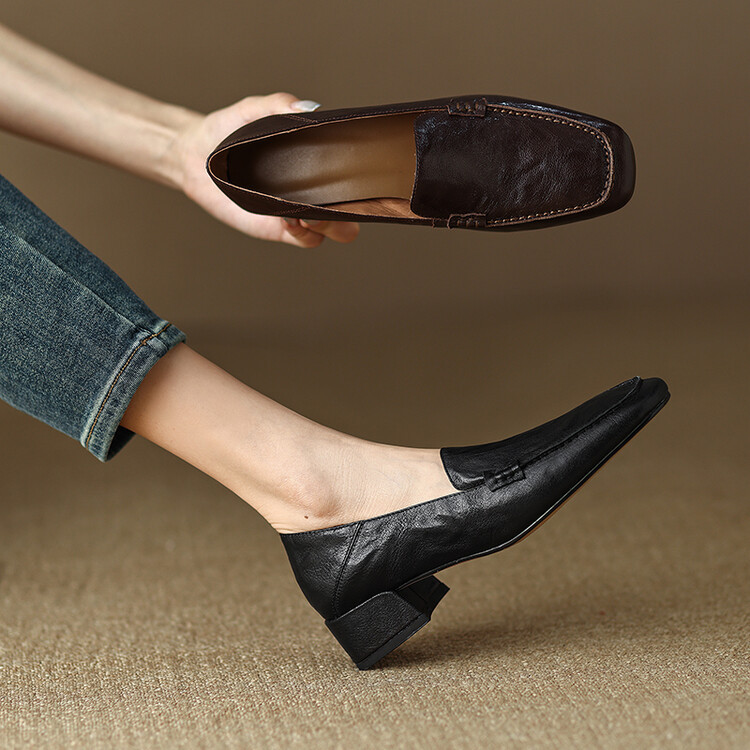 踩跟两穿乐福鞋女2023春夏新款羊皮柔软小皮鞋法式复古风粗跟单鞋