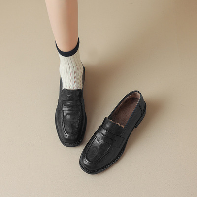 FairyWink 巴黎画展～！加绒手抓羊皮乐福鞋女粗跟单鞋棕色小皮鞋