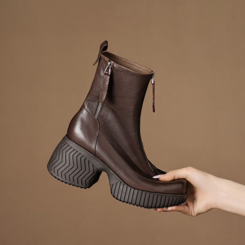 8cm厚底马丁靴女真皮松糕瘦瘦靴2025新款秋冬季高跟坡跟百搭短靴