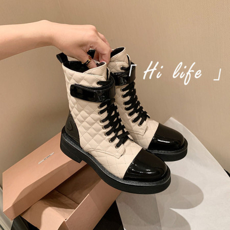 法式小香风拼色系带马丁靴女2025秋冬款圆头粗跟魔术贴英伦风短靴,女鞋,马丁靴,淘宝优惠券,粉丝福利购,淘宝优惠卷