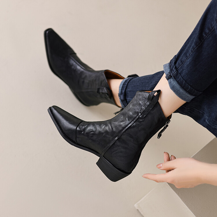 尖头西部牛仔靴女裸靴2023新款春秋欧美时尚大码抓皱V口粗跟短靴