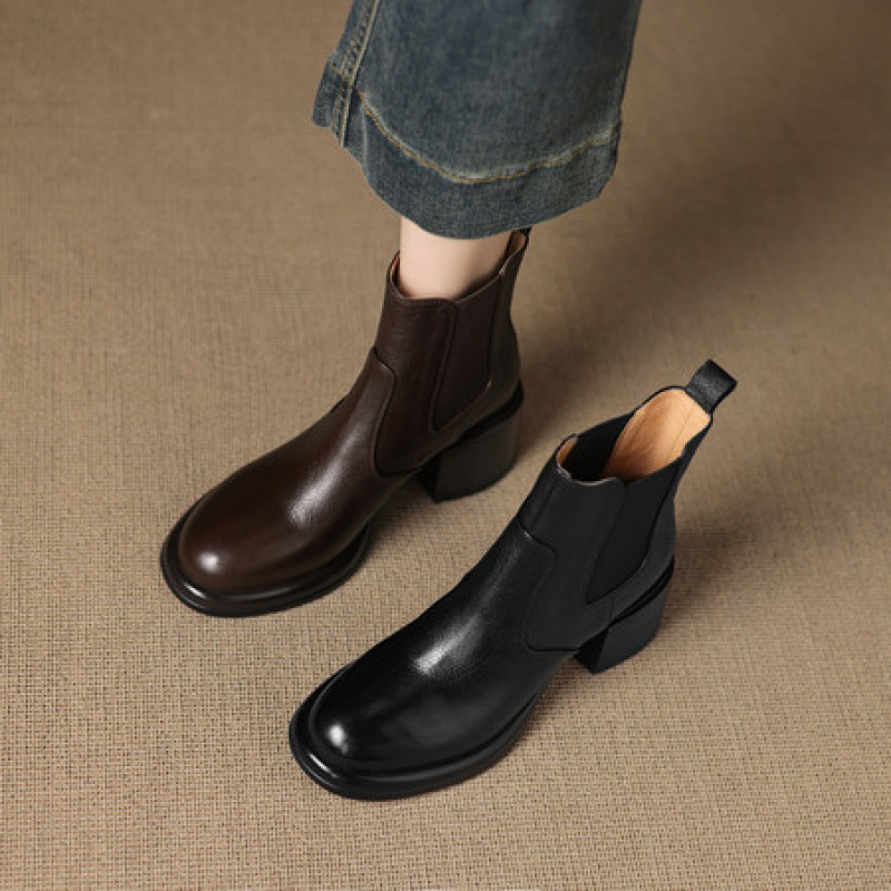 6cm厚底切尔西靴女真皮粗跟瘦瘦靴2025年新款秋冬季高跟百搭短靴