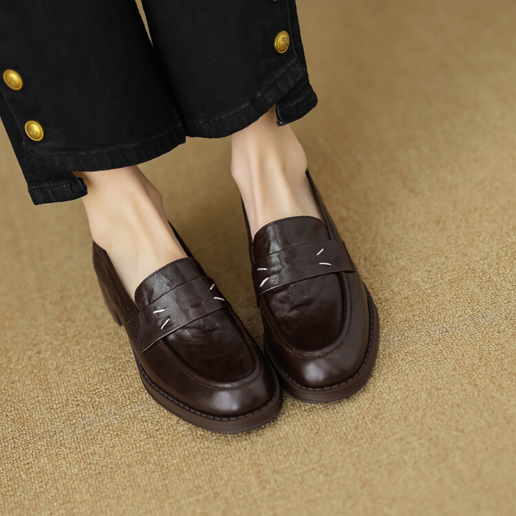 法式真皮圆头小皮鞋女低跟一脚蹬高跟羊皮乐福鞋简约英伦风单鞋