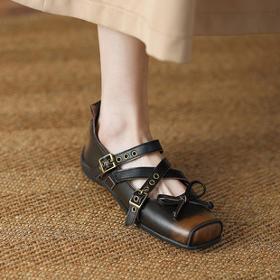 擦色复古风芭蕾舞鞋女2025新款时尚交叉皮带扣蝴蝶结四季平底单鞋