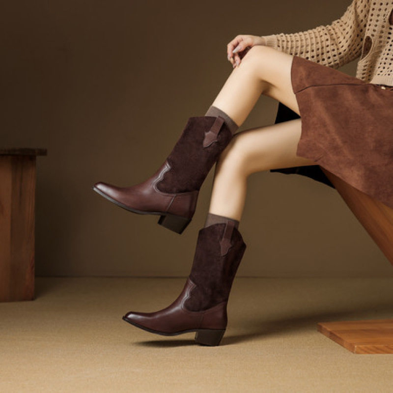 牛皮复古女靴粗跟短靴拼接方头套筒靴秋冬季马丁风西部牛仔英伦靴