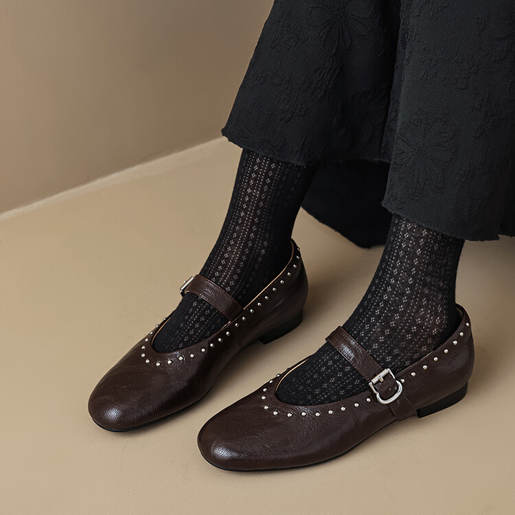 法式复古软羊皮平底单鞋女2024新款圆头浅口小皮鞋一字带玛丽珍鞋