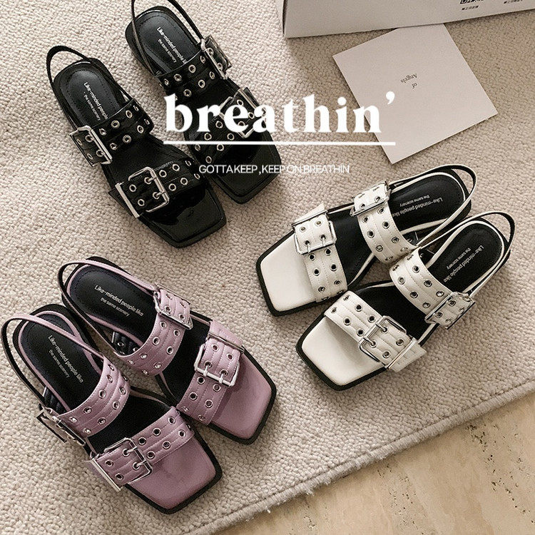 平底凉鞋 博主同款法式真皮铆钉双皮扣带方头低跟百搭露趾女2cm,居家布艺,居家婚庆拖鞋,淘宝优惠券,粉丝福利购,淘宝优惠卷