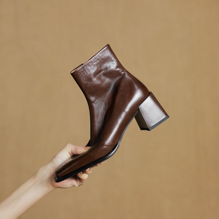 6cm高跟短靴女秋季高级感牛皮时装靴棕色复古方头粗跟靴子加绒冬~