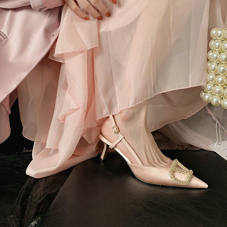 代发银色高跟鞋细跟女夏2023新款尖头水钻单鞋后空V字扣包头凉鞋,女鞋,马丁靴,淘宝优惠券,粉丝福利购,淘宝优惠卷