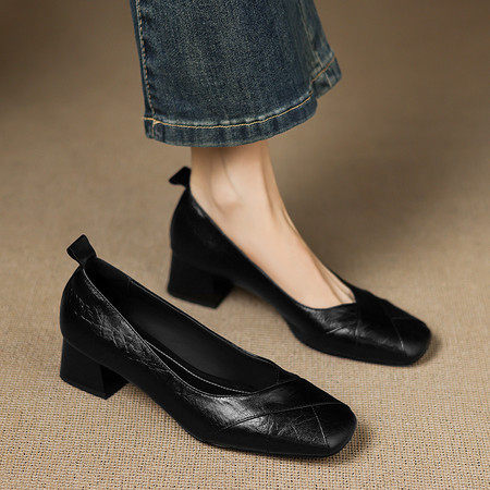 法式复古羊皮单鞋女浅口粗跟小皮鞋真皮女鞋中跟妈妈鞋职业高跟鞋,女鞋,马丁靴,淘宝优惠券,粉丝福利购,淘宝优惠卷