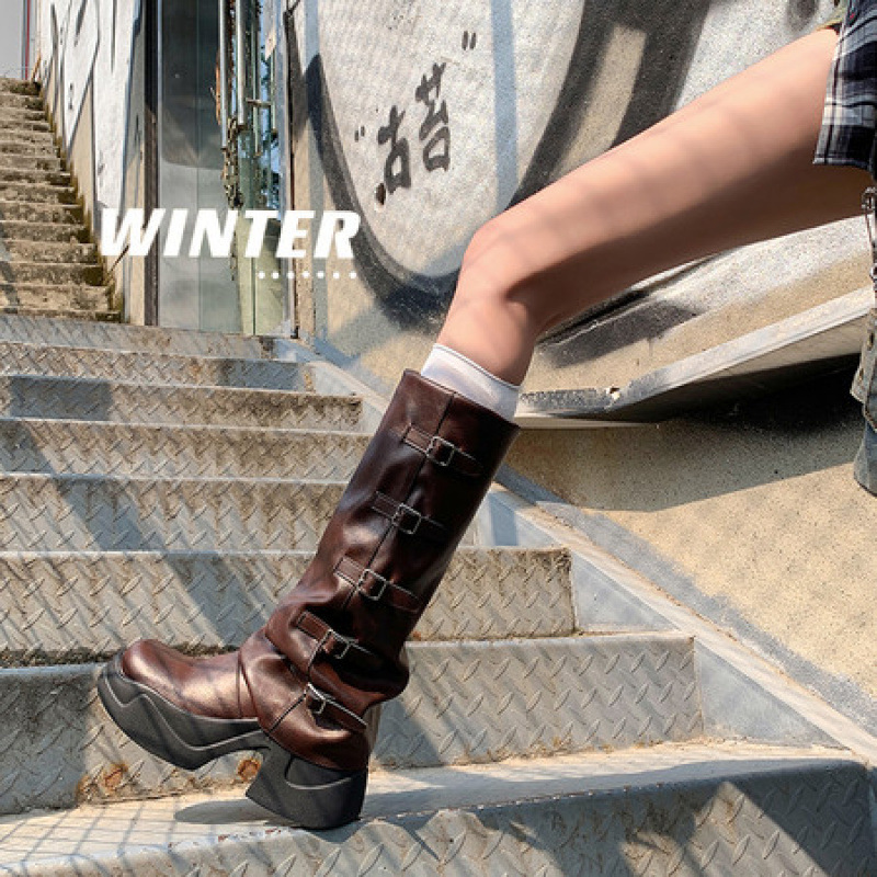 真皮版~8CM内增高长筒骑士靴女德褶皱裤管靴棕色皮带扣长靴