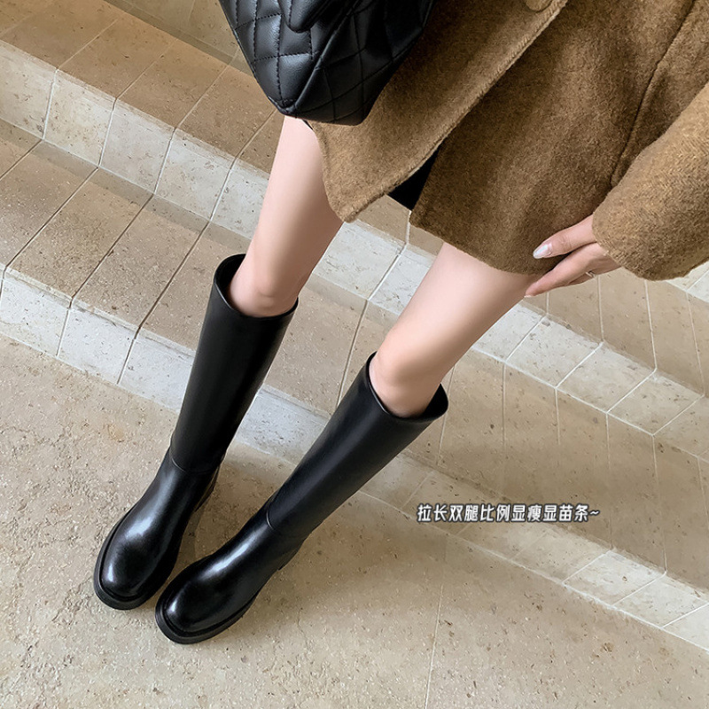 牛皮版~显脚小真皮平底长筒靴女冬侧拉链中高筒靴骑士靴厚底长靴