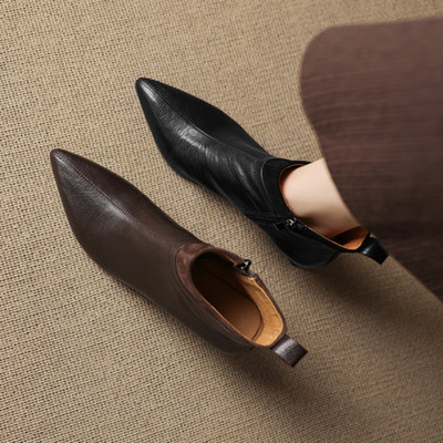 超软羊皮小短靴女秋冬季加绒细跟高跟鞋尖头真皮软皮洋气及踝靴子