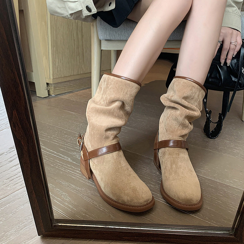 法式卡其色短筒堆堆靴圆头平底两穿韩系绒面宽口小短靴女春秋单靴,女鞋,马丁靴,淘宝优惠券,粉丝福利购,淘宝优惠卷