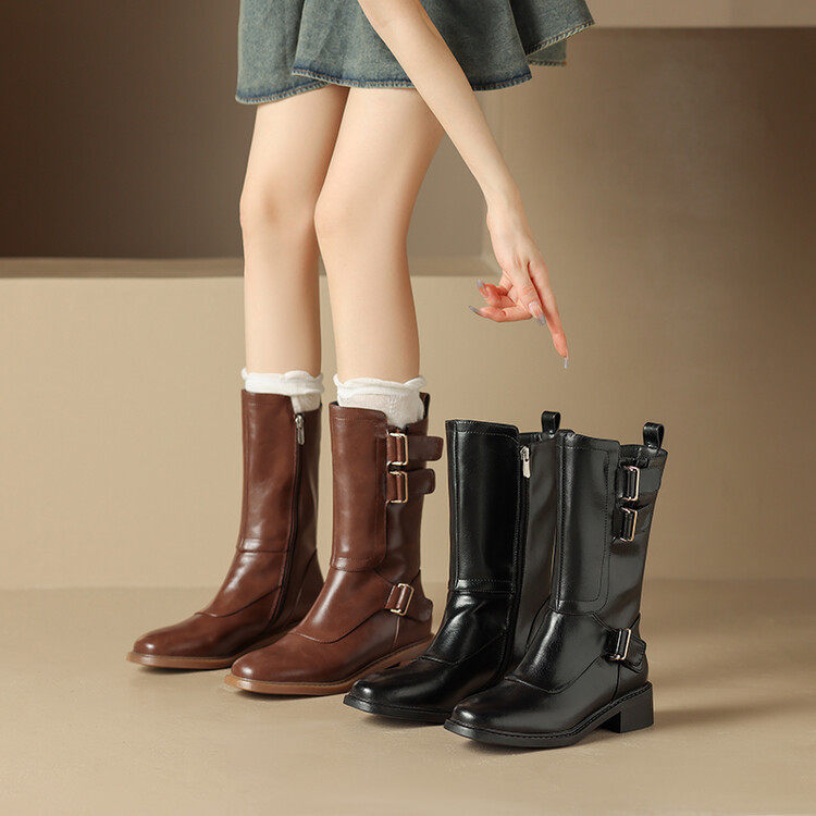 复古皮带扣装饰中筒靴女粗跟低跟马丁靴侧拉链英伦风平底春秋单靴,运动/瑜伽/健身/球迷用品,广场舞鞋,淘宝优惠券,粉丝福利购,淘宝优惠卷