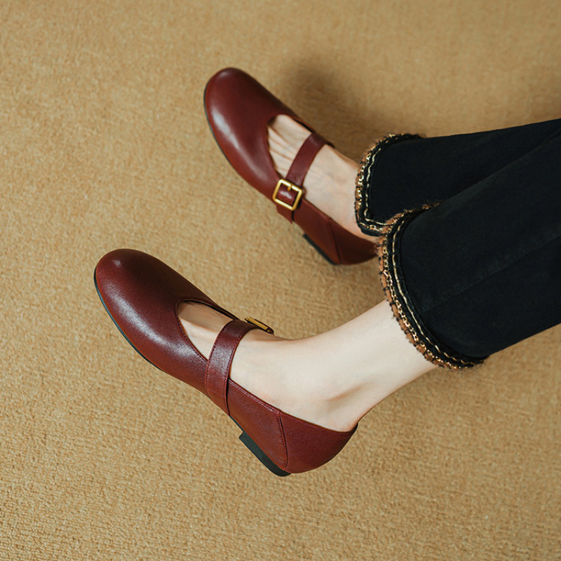 法式优雅低跟小皮鞋女2025春新款真皮圆头浅口单鞋一字带玛丽珍鞋