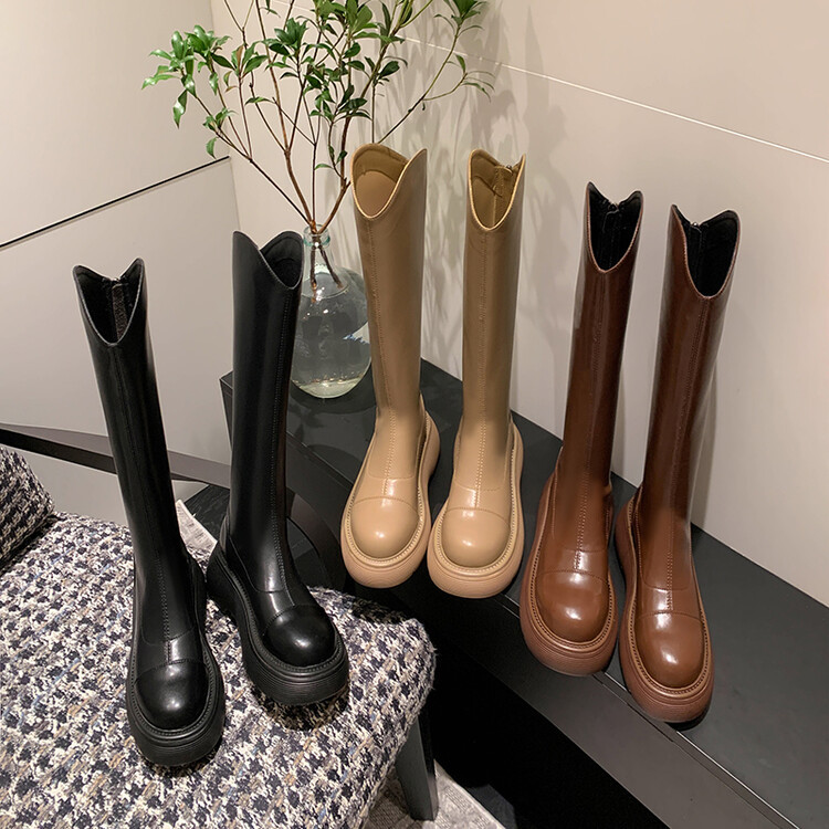 行走的腿精文艺牛皮V口圆头厚底骑士靴2022冬新款简约法式长筒靴