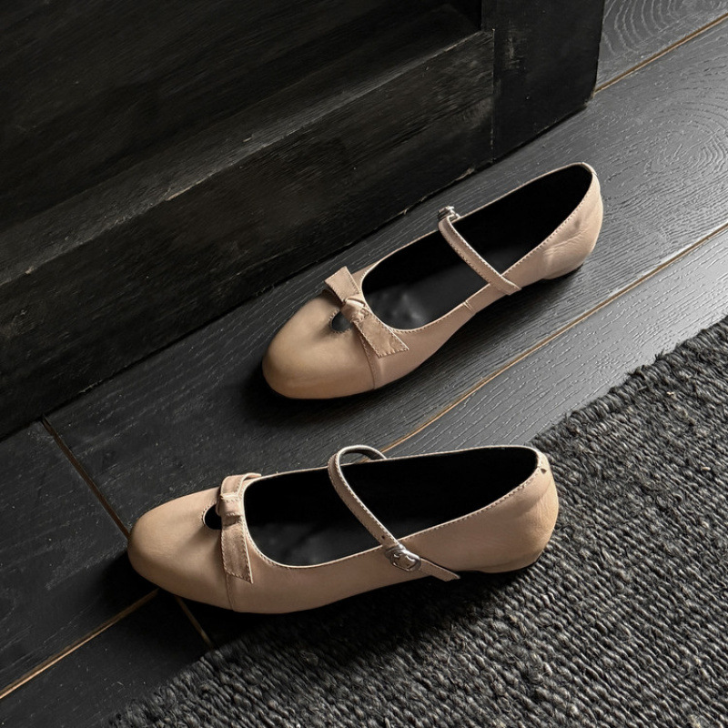 牛皮版~复古百搭浅口玛丽珍鞋女法式圆头蝴蝶结单鞋一字扣小皮鞋