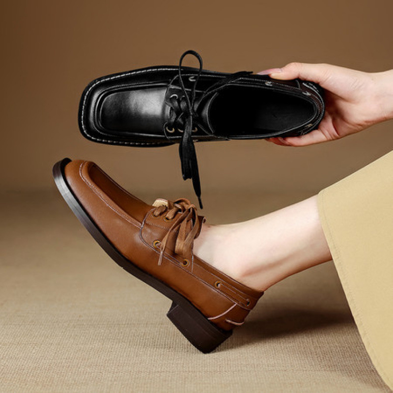 2025新款真皮系带小皮鞋女英伦风复古单鞋女软皮软底不累脚乐福鞋