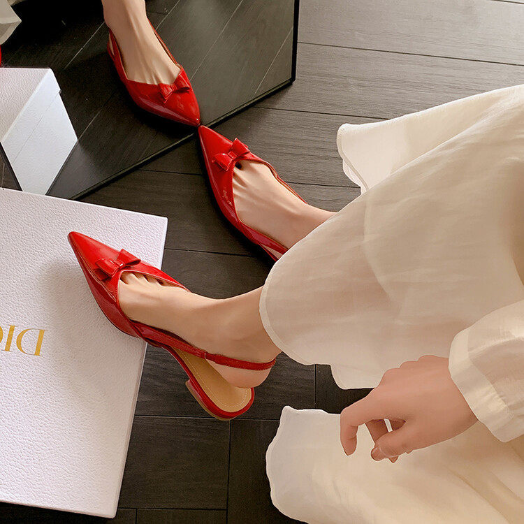 浅口法式红色牛皮夏季低跟尖头凉鞋2023新款平底真皮后空平跟女鞋,女鞋,马丁靴,淘宝优惠券,粉丝福利购,淘宝优惠卷