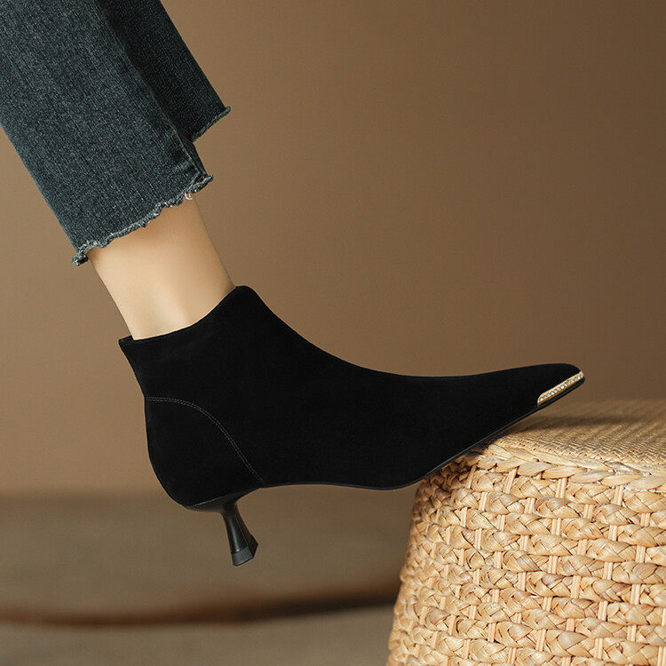 【磨砂羊皮】跟高 4cm 低跟真皮短靴女尖头细跟贵气黑色法式真皮~,居家布艺,居家婚庆拖鞋,淘宝优惠券,粉丝福利购,淘宝优惠卷