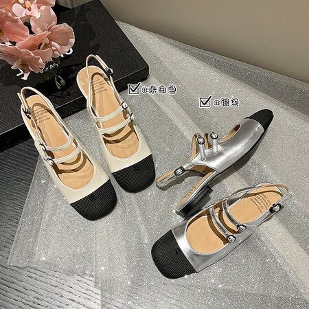 34-42小香风拼色圆头双扣带包头后空凉鞋2024夏新款牛皮凉鞋,运动/瑜伽/健身/球迷用品,广场舞鞋,淘宝优惠券,粉丝福利购,淘宝优惠卷