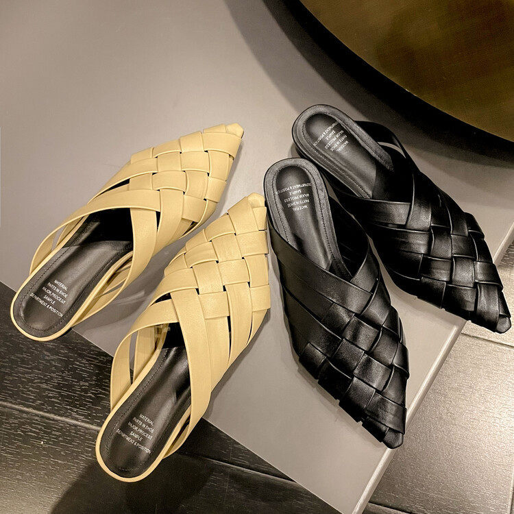 ~编织罗马风~2023夏季小坡跟尖头镂空女凉拖鞋平底包头懒人半拖鞋,童鞋/婴儿鞋/亲子鞋,帆布鞋,淘宝优惠券,粉丝福利购,淘宝优惠卷