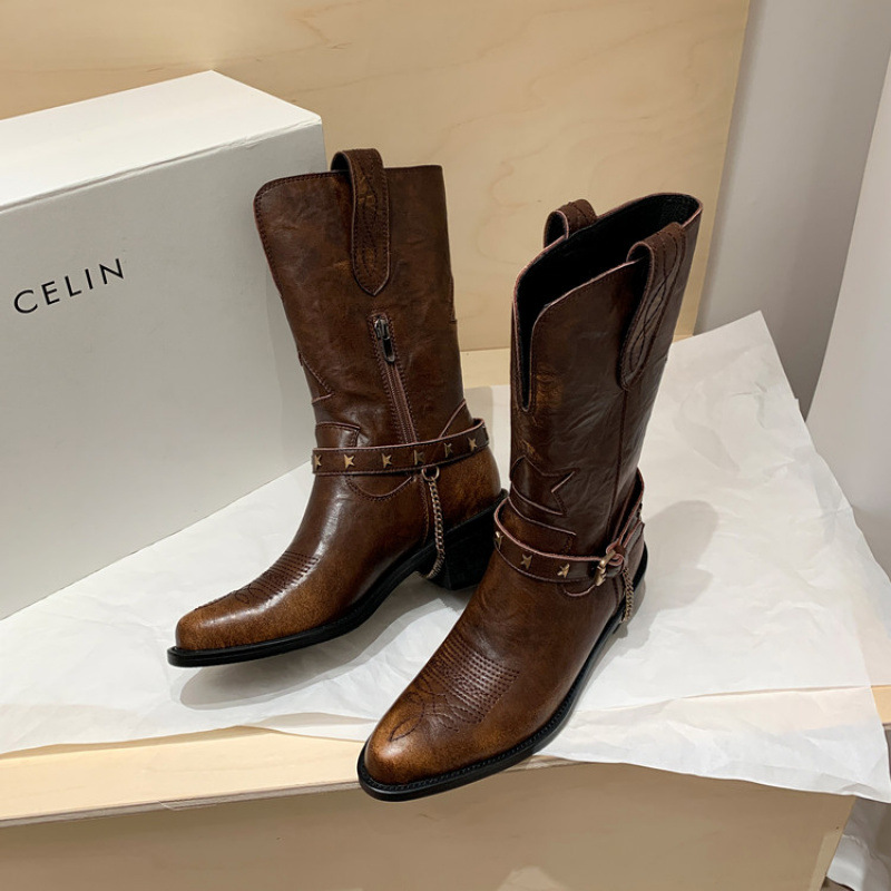 2025年新款复古皮带扣欧美侧拉链粗跟西部靴中筒尖头V口骑士靴女
