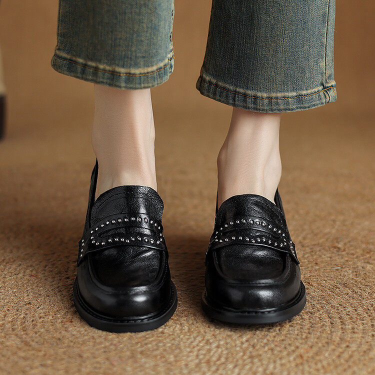 里外全皮~圆头复古金属铆钉中跟乐福鞋女英伦小皮鞋春秋粗跟单鞋~,居家布艺,居家婚庆拖鞋,淘宝优惠券,粉丝福利购,淘宝优惠卷