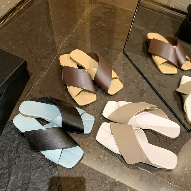 新款低跟温柔交叉带休闲一脚蹬平底拖鞋2023夏季牛皮外穿沙滩拖鞋,居家布艺,居家婚庆拖鞋,淘宝优惠券,粉丝福利购,淘宝优惠卷