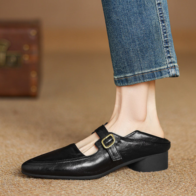 英伦复古风真皮大码女鞋41-43踩跟一脚蹬两穿舒适软皮单鞋小码33