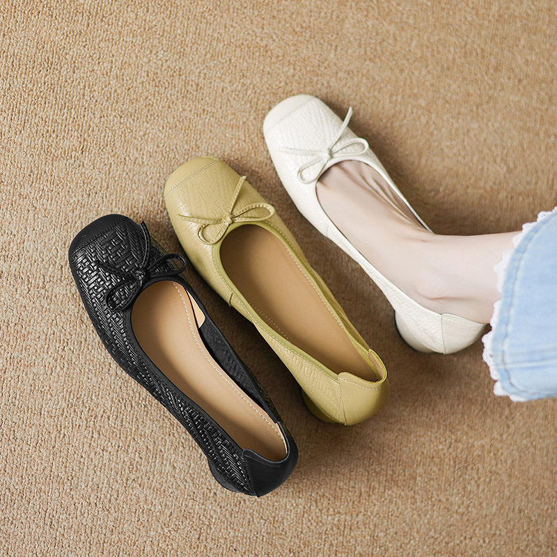法式压花羊皮浅口单鞋女夏款船鞋粗跟平底蝴蝶结软底豆豆鞋奶奶鞋,居家布艺,居家婚庆拖鞋,淘宝优惠券,粉丝福利购,淘宝优惠卷