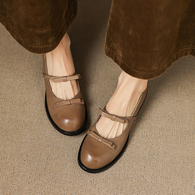真皮圆头玛丽珍鞋女款小皮鞋2025年新款春秋女鞋蝴蝶结浅口单鞋女