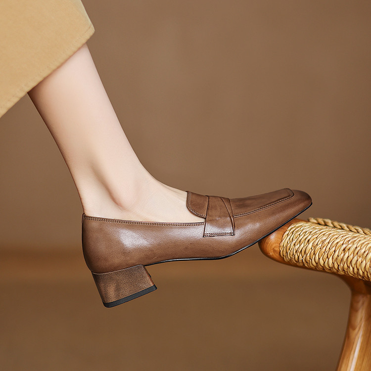 3.5cm软牛皮~新款真皮单鞋女复古小皮鞋方头法式复古鞋子大码女鞋